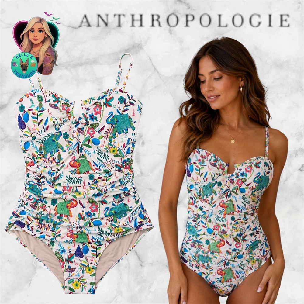 Anthropologie Elephant Ruched Slimming One Piece Swimsuit White‎ Floral Large
